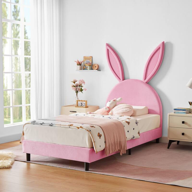 Javlergo Twin Size Kids Bed Frame with Cute Ears Velvet Headboar No Box Spring Required Bed Children's Bed
