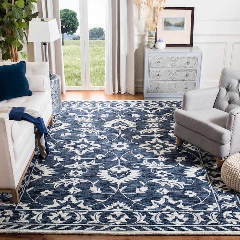 SAFAVIEH Handmade Micro-Loop Fjoralba Transitional Floral Wool Rug - 8' x 10' - Navy/Taupe