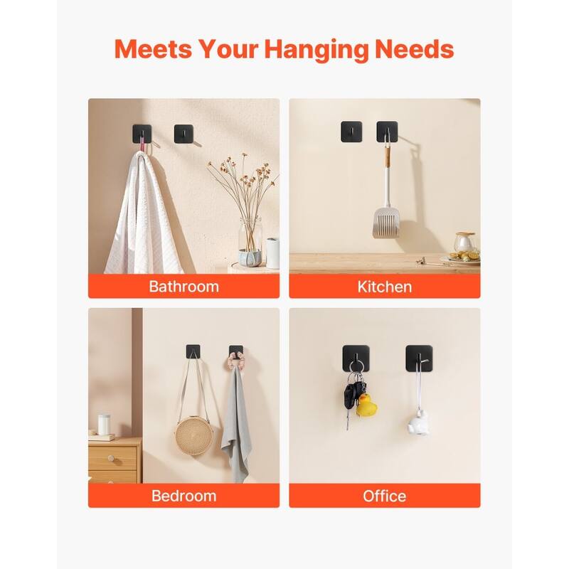 4-Pack Adhesive Wall Hooks Matte Black Stainless Steel Heavy Duty Easy No-Drill Installation - 1.77 x 1.77 x 1.22 in