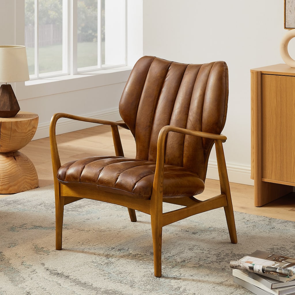 Art Leon Genuine Leather and Ash Wood Accent Chair