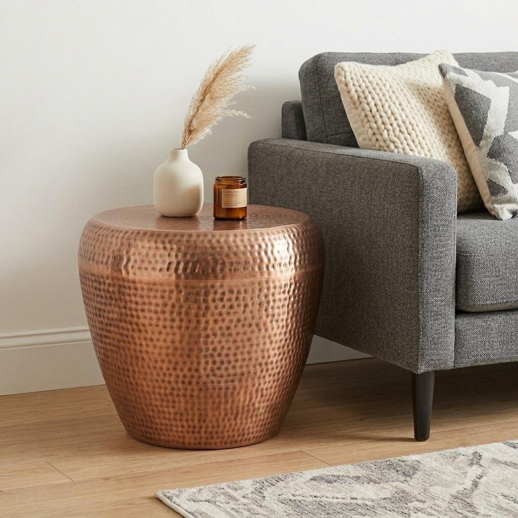 HomeRoots 18" Hammered Copper Distressed Iron Round Drum End Table - 22.00 in. x 18.10 in. x 22.00 in.