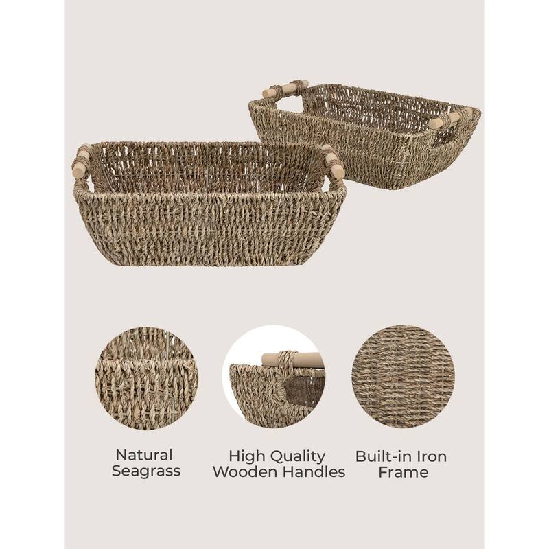 2-Pack Hand-Woven Storage Baskets with Wooden Handles, Wicker Basket for Organizing, Gift Choice