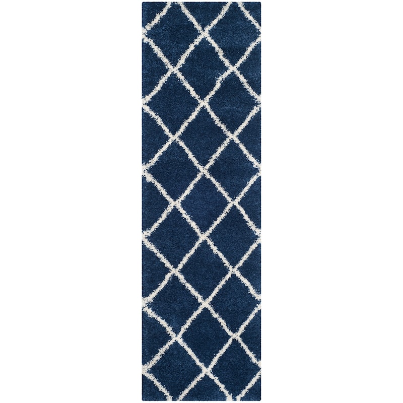 SAFAVIEH Hudson Shag Estella Diamond Trellis 2-inch Thick Rug - 2'3" x 14' Runner - Navy/Ivory
