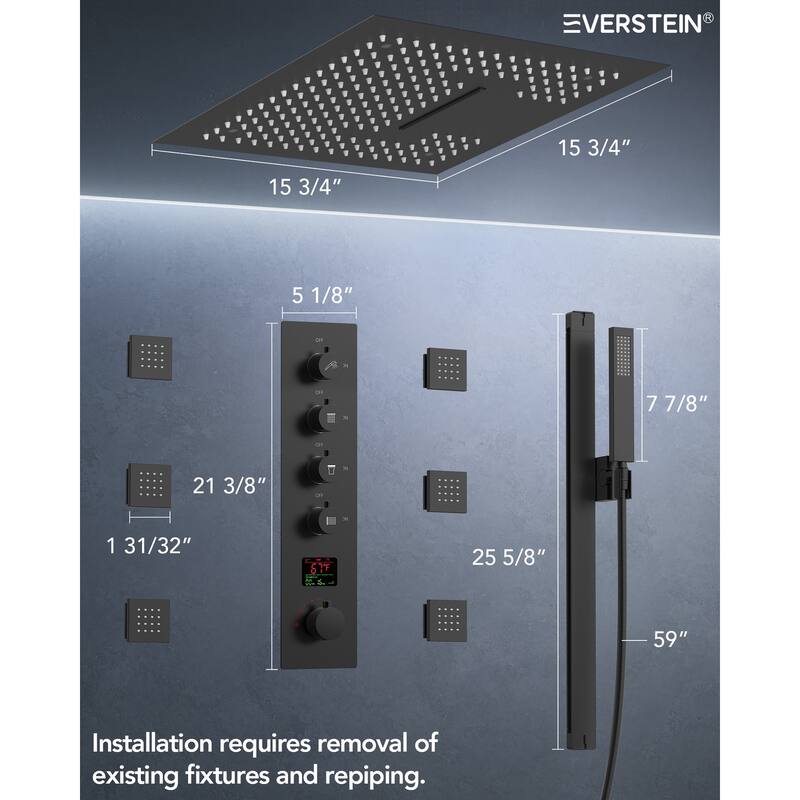 Digital Thermostatic Shower Set with Remote-Control LED Lights, Rainfall/Waterfall Combo and Massaging Jets
