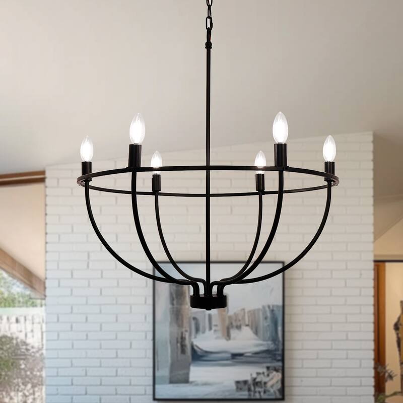 YANSUN 6-Light Ring Chandelier with E12 Base Large Circular Design in Matte Black Finish for Modern and Industrial Interiors