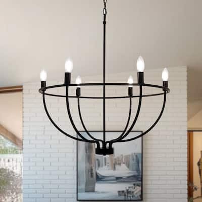 YANSUN Large Circular 6-Light Chandelier, All-Black Finish, E12 Base, Perfect for Contemporary Home Lighting - 28.5*28.5*31.2