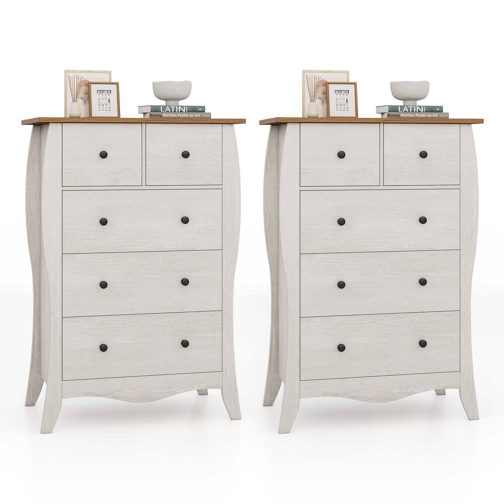 Gymax 2PCS 38'' Farmhouse Chest of Drawers w/ 5 Folding Fabric Drawers