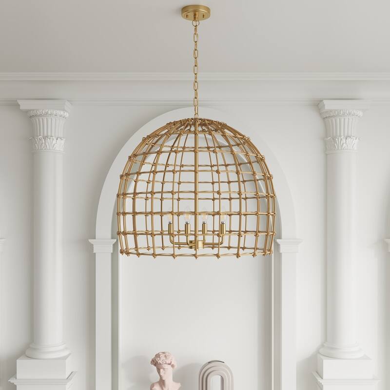 4-Light Hand-Woven Rattan Pendant Light for Kitchen Island Dining Room Hallway - Bronze