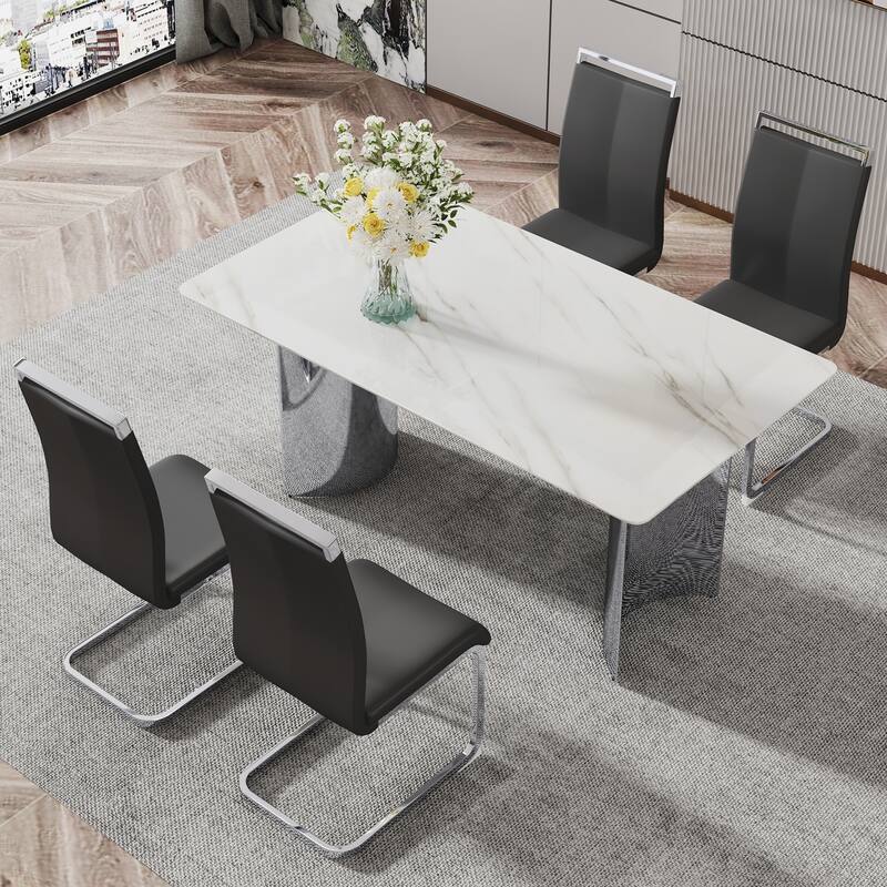 Modern Marble Glass Dining Set with Stainless Steel Legs & PU Chairs