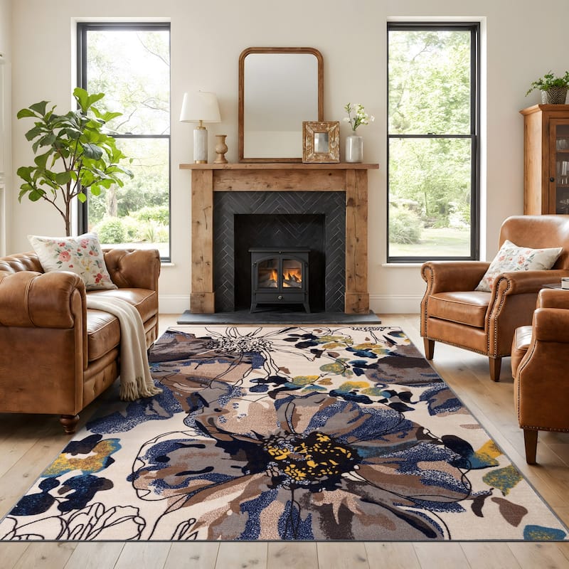 World Rug Gallery Modern Bright Flowers Non-Slip Area Rug Multi - 7'10" x 10' - Cream