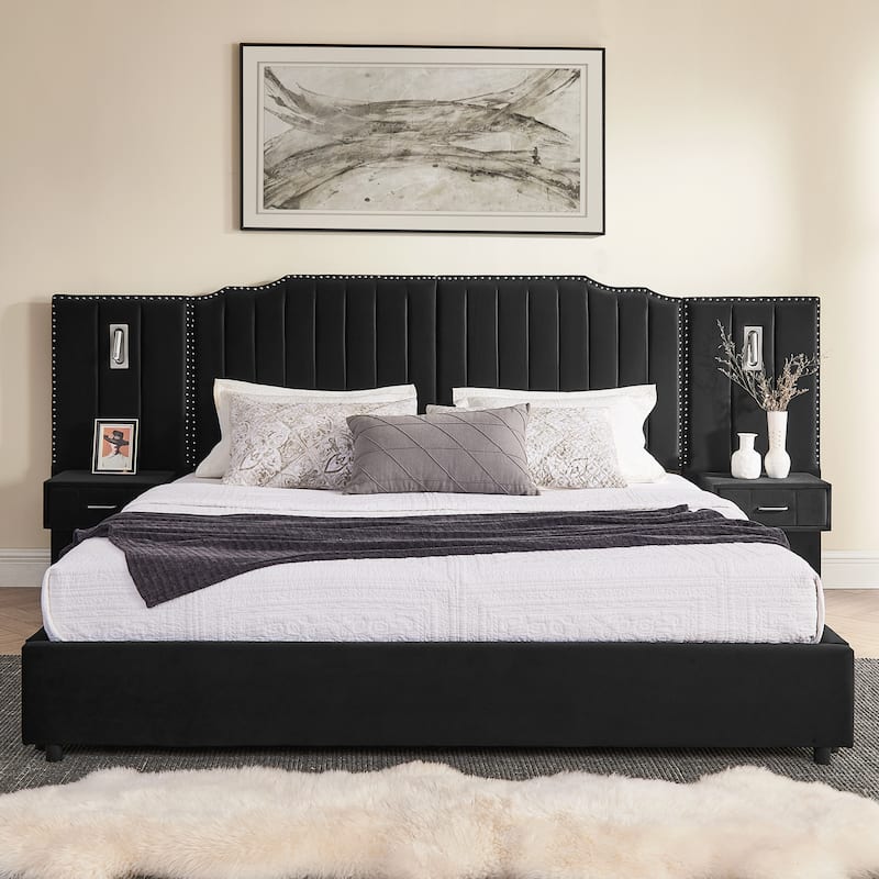 King Size Upholstered Bed Frame with Velvet Fabric
