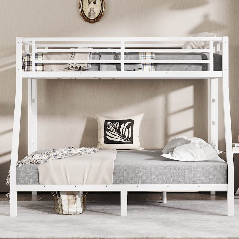 White Metal Twin over Full Bunk Bed Frame with Slats, 2 Side Ladder