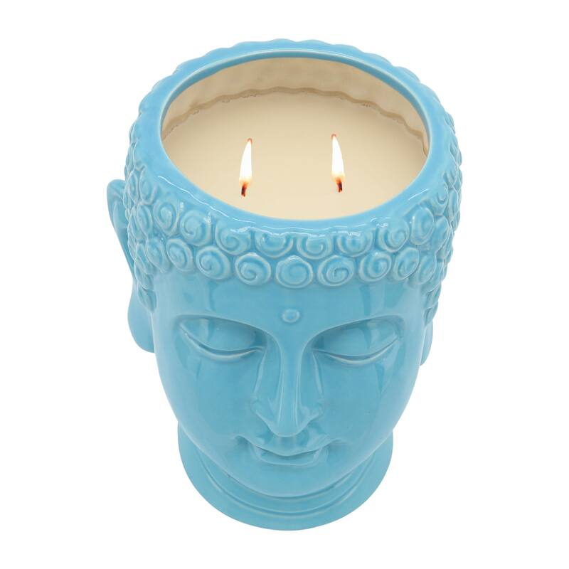 Set of Three Ceramic Buddha Citronella Nectarine-scented Candles Yellow, Blue, and Ivory 40oz - 7" x 7" x 9" - 7" x 7" x 9"