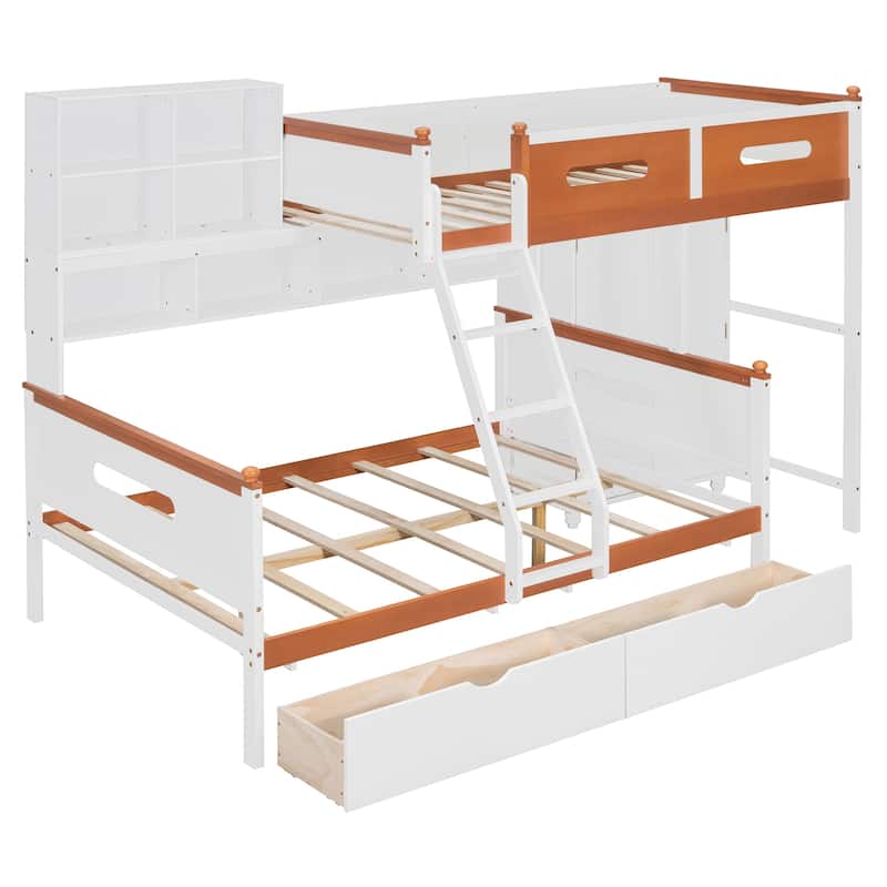 Twin Over Full Wooden Bunk Bed With Wardrobe, Drawers, Shelves And Led Light