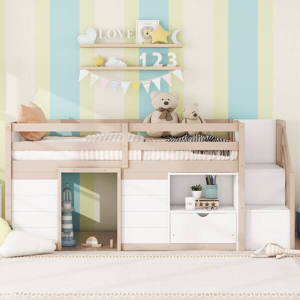 slide 2 of 9, Cream,White Twin Size Solid Wood Low Loft Bed with Stairs Cream,White
