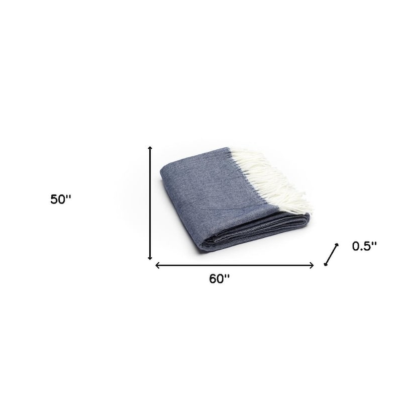 HomeRoots 50" X 60" Navy Blue And White Woven Herringbone Plush Throw Blanket
