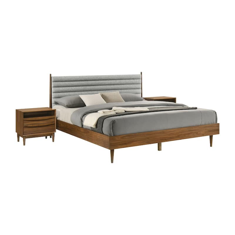 Artemio Black or Walnut Wood 3 Piece Bedroom Set with Grey Upholstered Headboard