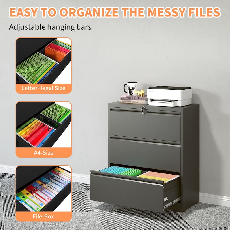 Modern Filing Cabinet Lateral Filing Cabinet with 3 Drawers, Anti-Tilt Safety Device, Silent Slides and Locks, for Home Office