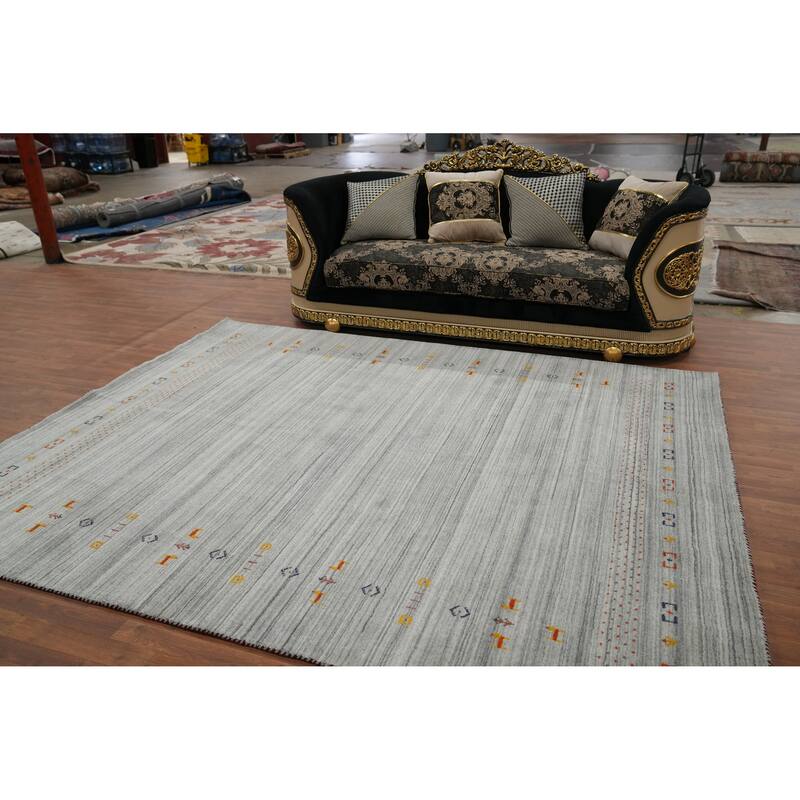 Hand Knotted Oriental 100% Wool Carpet Tribal Animal Pictorial Greys & Charcoal Gabbeh Area Rug - 9' 10'' X 8' 0''