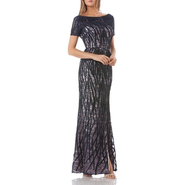 js collection embroidered overlay illusion lace evening dress