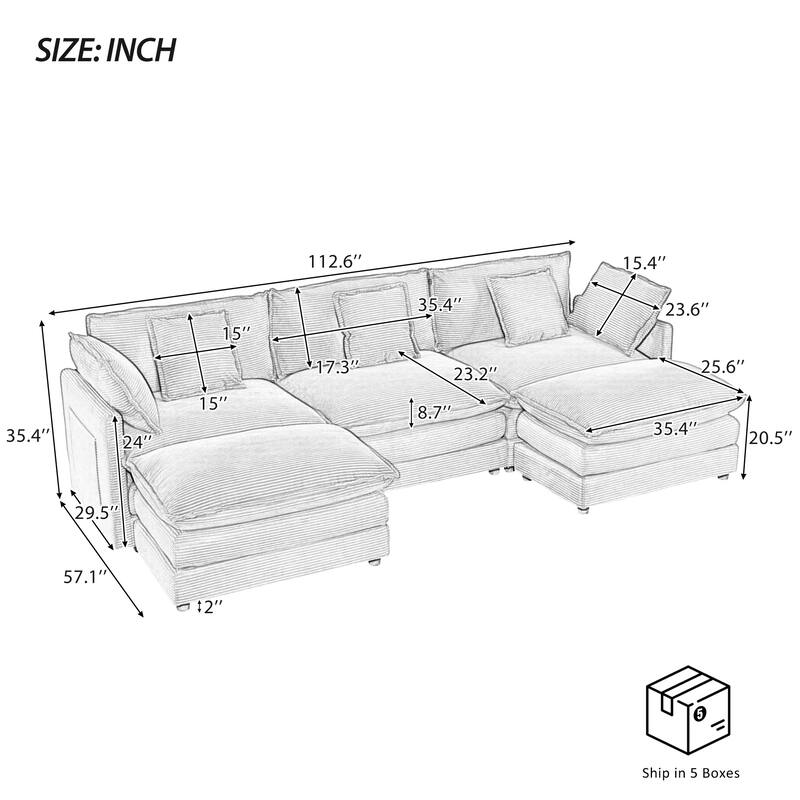 112.6" Corduroy Modular Sectional Sofa with Ottoman and Storage Pockets