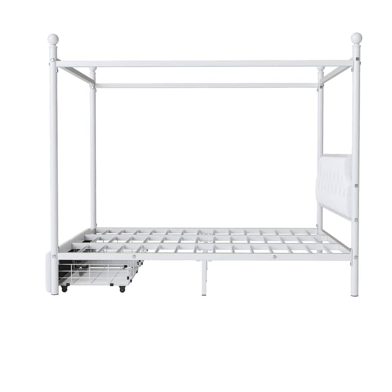 Queen Size Metal Canopy Platform Bed with Headboard and Storage Drawers