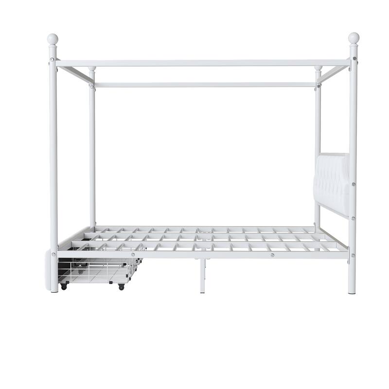 Queen Size Metal Canopy Platform Bed with Upholstered Headboard and Two Drawers