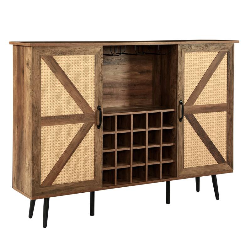 Rattan Barn Door Wine Cabinet with Wine Rack and Wine Glass Rack, Double Door Buffet Cabinet with Removable Shelves