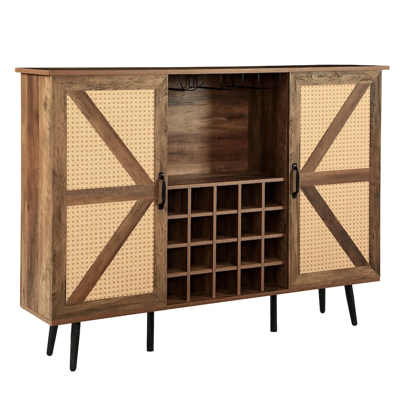 Rustic Wood Storage Cabinet with Wine Rack and Wine Glass Rack