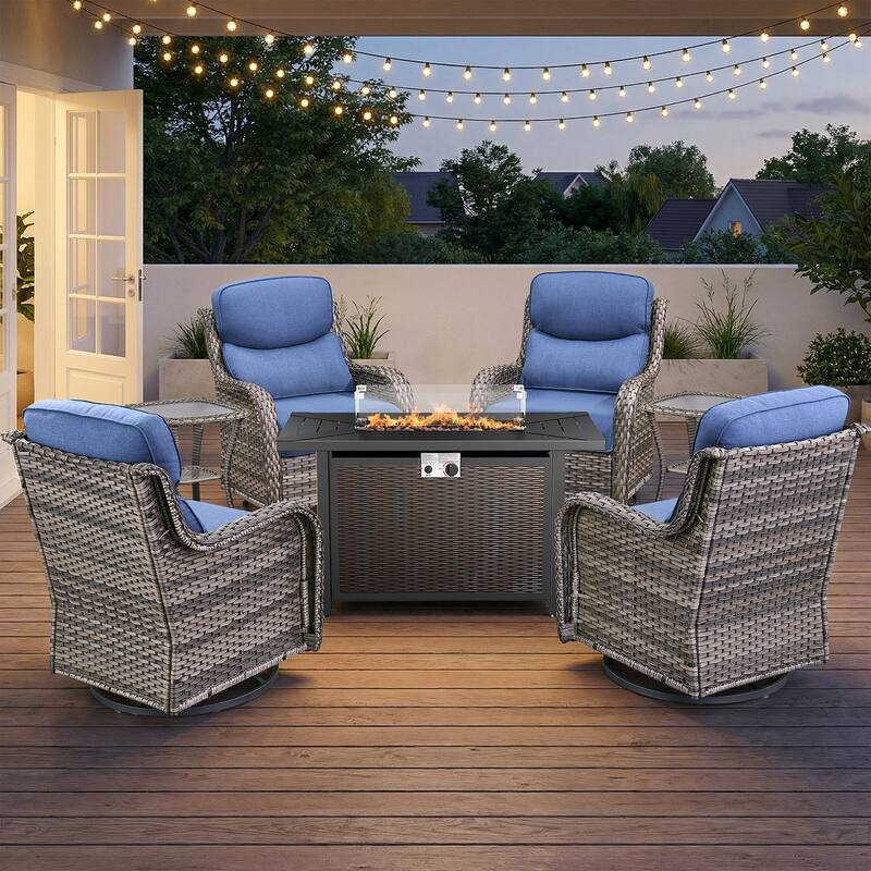 Pocassy 43" Fire Pit Table with Outdoor Swivel Chair Set - Gray Wicker Blue Cushion - 7-Piece Swivel Chair Table w/ Fie Pit Table