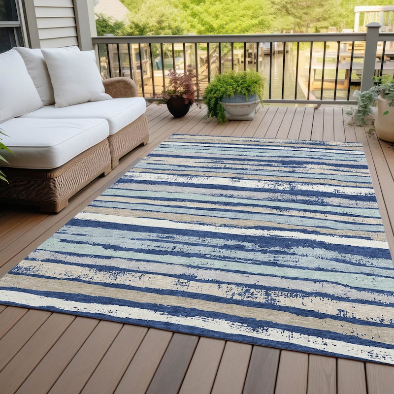 Machine Washable Indoor/ Outdoor Chantille Stripe Rug - Navy - 5' x 7'6"