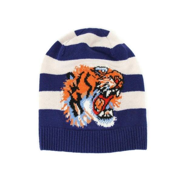 Gucci Men's Blue / White Striped Wool Knit Beanie Hat With Tiger Head M / 58 500929 4278 - M 58 / 8.66 - Overstock - 32022296