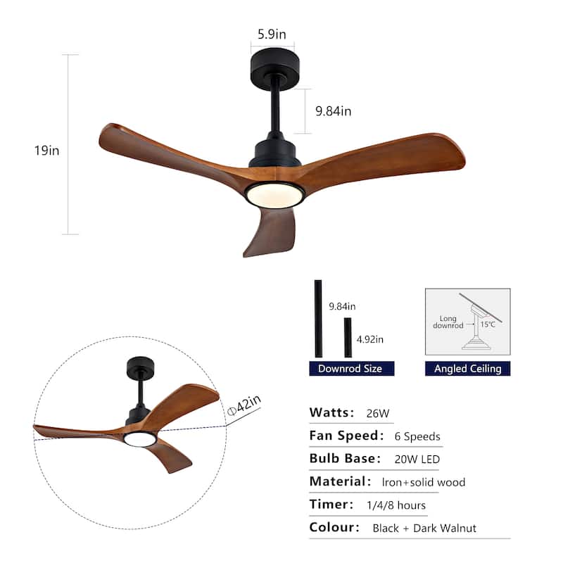 42" Wood Ceiling Fan w/ 3 Solid Wood Blades Remote Control Reversible DC Motor