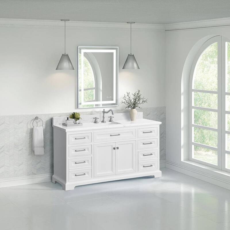 AstralLight 60 in. Single Sink Freestanding White Bath Vanity with White Quartz Stone Top