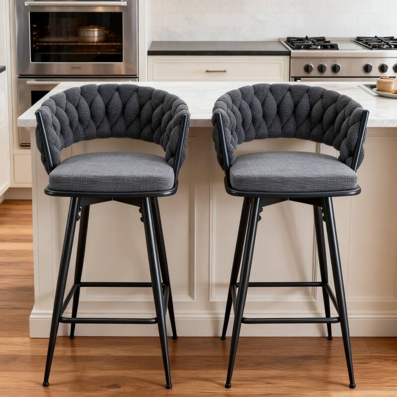 Set of 2 Bar Stools with Breathable Cotton and Linen Soft Cushions, Black spray-painted Iron Frame - Dark Gray