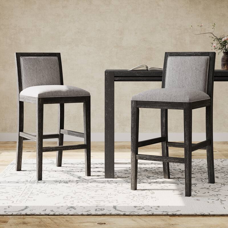 Height Bar Stools set of 2, Armless Dining Chairs with Footrest, Upholstered Kitchen Chairs with Rubber Wood Frame - Black+Grey