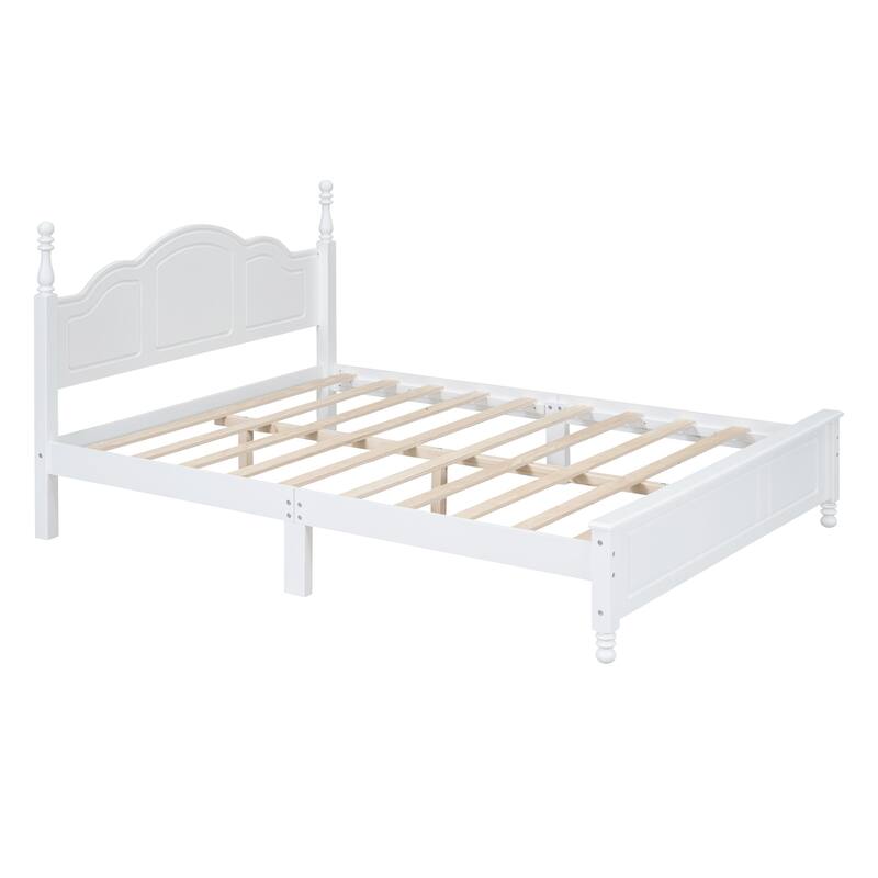 Queen Size Retro Wood Platform Bed Frame with Wooden Slat Support, White