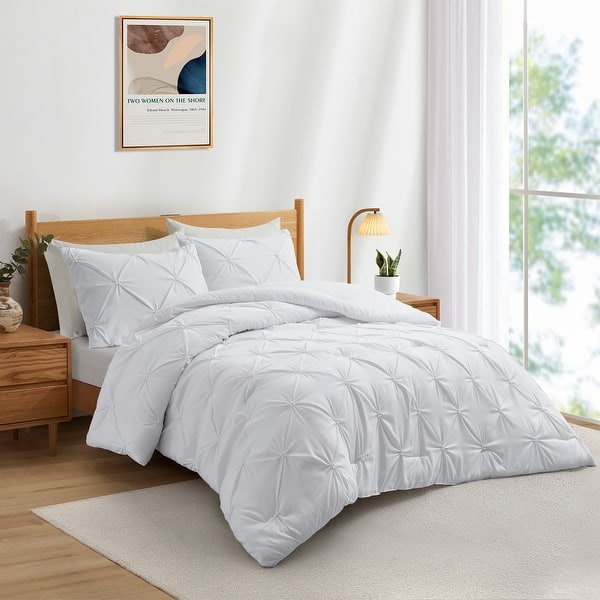 slide 2 of 6, 3 Piece Pintuck Pinch Pleat Comforter Set, Bedding Set for All Season, White