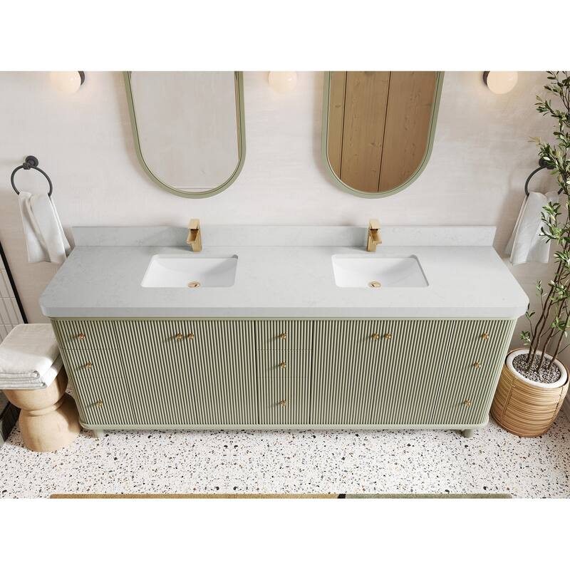 Willow Collections 84 in. W x 22 in. D Reeded Miami Double Bowl Sink Bathroom Vanity with Countertop - 2”Carrara Quartz - Evergreen