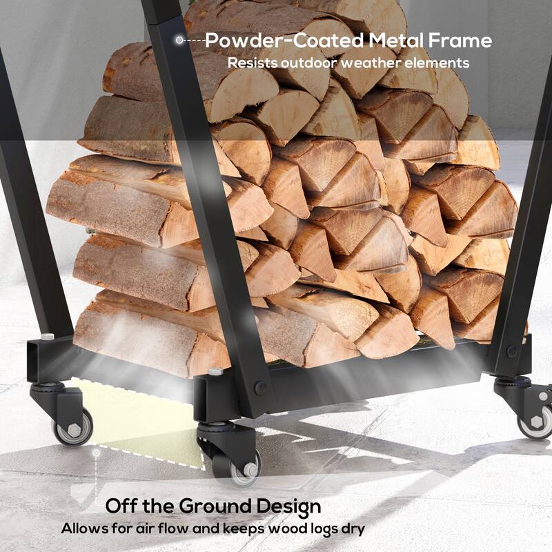 Metal Log Rack with Swivel Casters and Hooks Black Indoor and Outdoor Firewood Storage - 31.1" x 11.8" x 31.9"