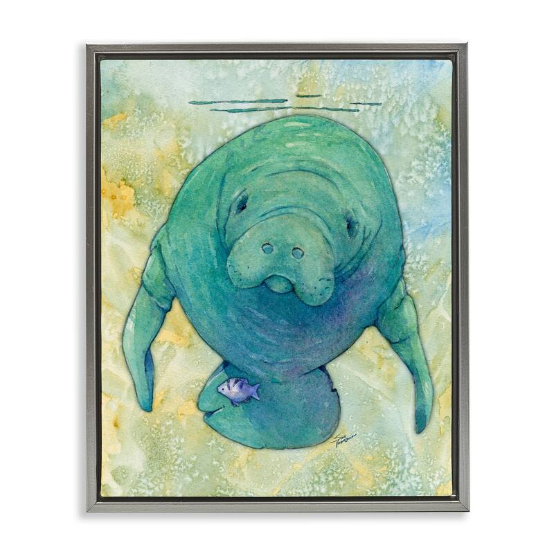 Stupell Green Manatee Underwater Framed Floater Canvas Wall Art Design by Steve Vanderbosch