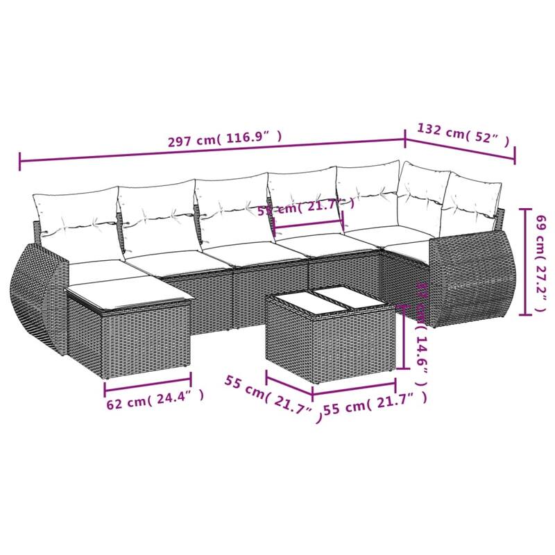 vidaXL 7/8 Piece Patio Sofa Set with Cushions Gray/Brown/Black Poly Rattan - 24.4" x 24.4" x 27.2"