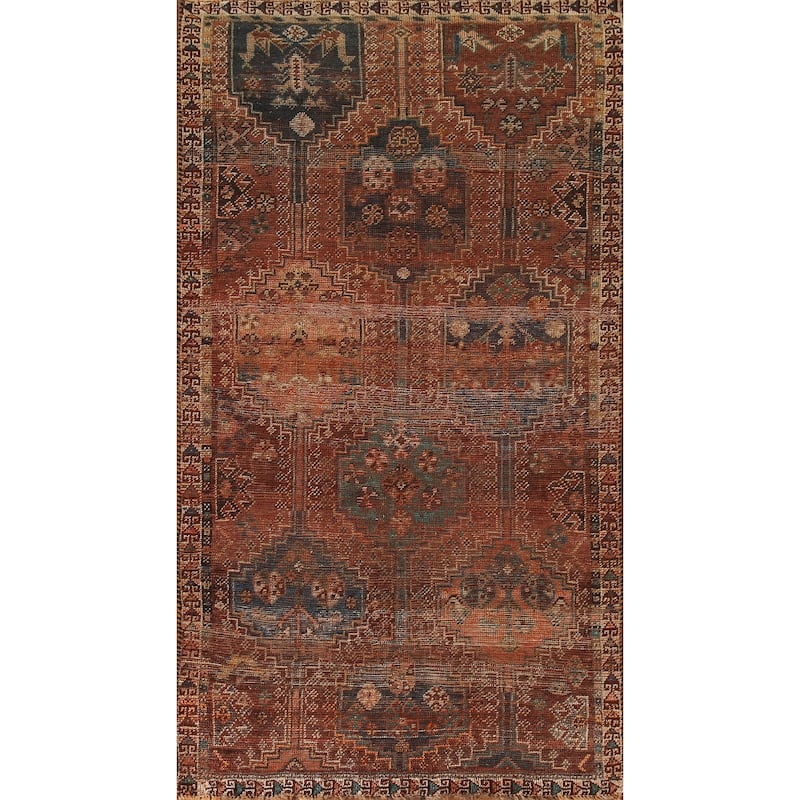 Distressed Qashqai Persian Antique Area Rug Hand-Knotted Wool Carpet - 4'1"x 8'2"