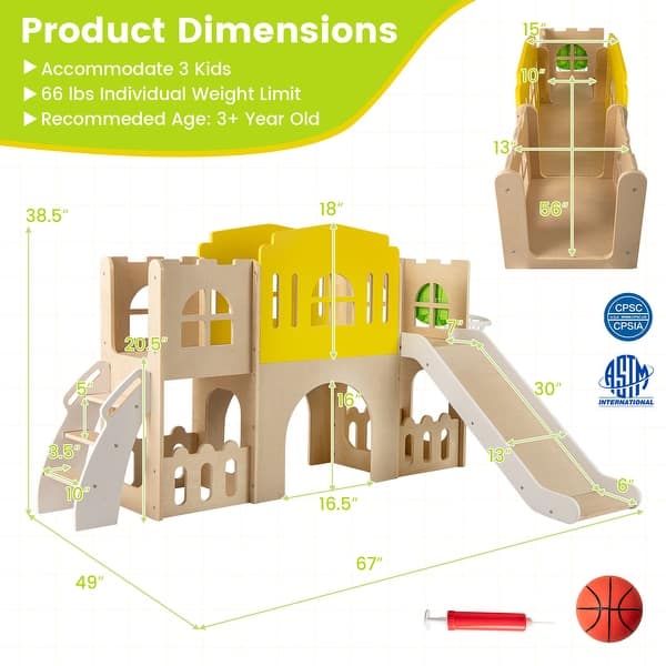 Wooden 7 in 1 Toddler Playset with Slide Climber Tunnel and Basketball Hoop for Kids Indoor and Outdoor Play Castle