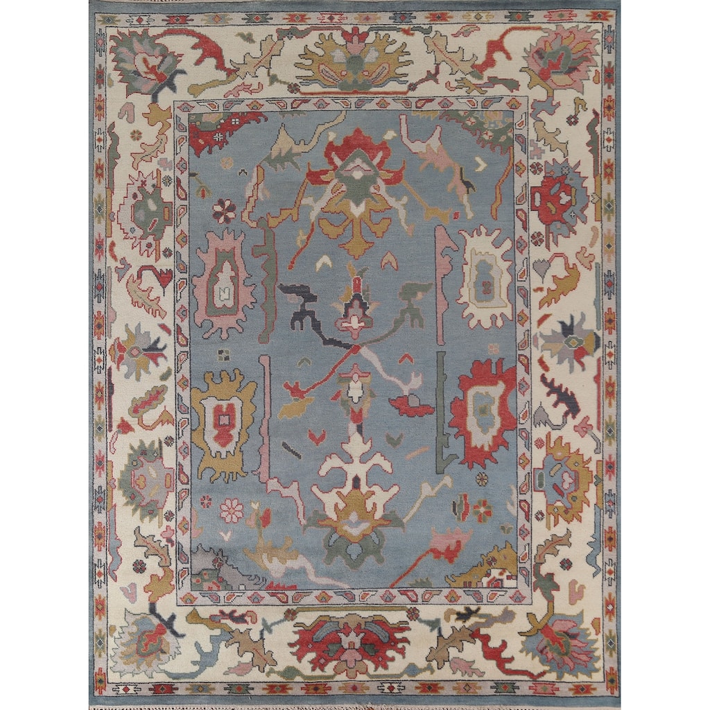 Blue Oushak Area Rug Hand-Knotted Floral Wool Carpet - 8'2" x 10'0"