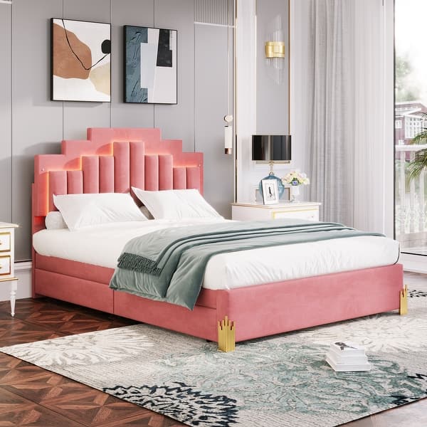 slide 2 of 9, Pink Velvet LED Upholstered Platform Bed with RGB Lights, Stylish Metal Legs Queen - Pink