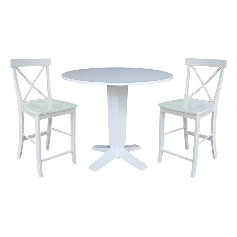 42 in Round Drop Leaf Counter Height Dining Table with Stools in White - 3-Piece