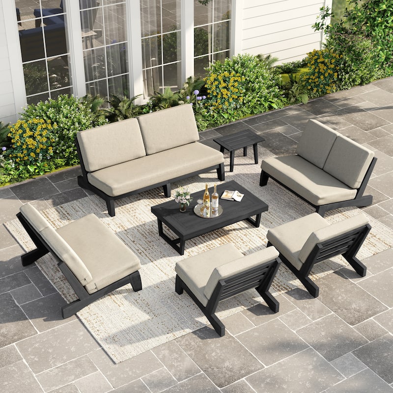 Casual Teak Wood Large 7-Piece Outdoor Patio Conversation Set - Dark Wood - Light Camel