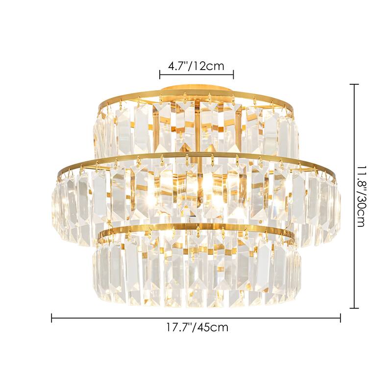 4-Light Modern 3-Tier Crystal Flush Mount Ceiling Light - Glamorous Metal Ring Ceiling Fixture for Bedroom