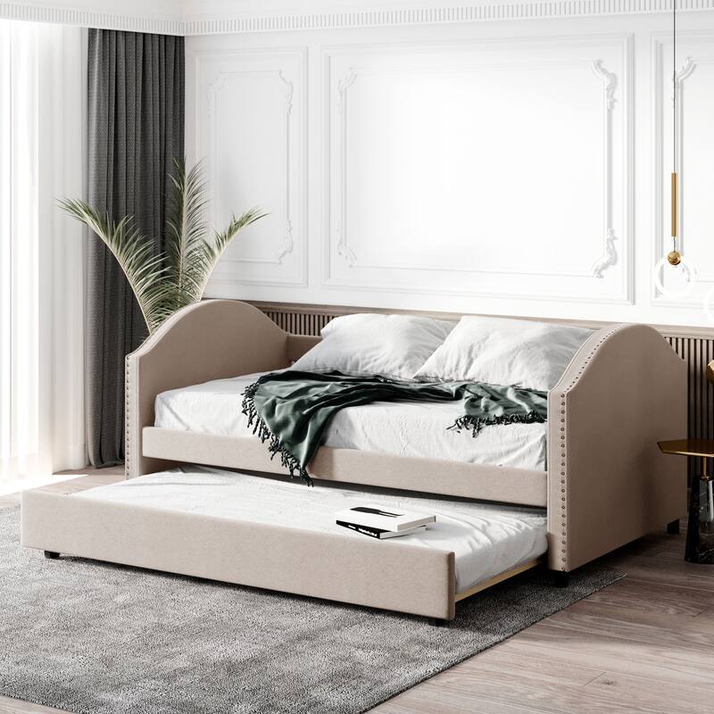 Twin Velvet Daybed with Trundle and Wood Slat - Gray